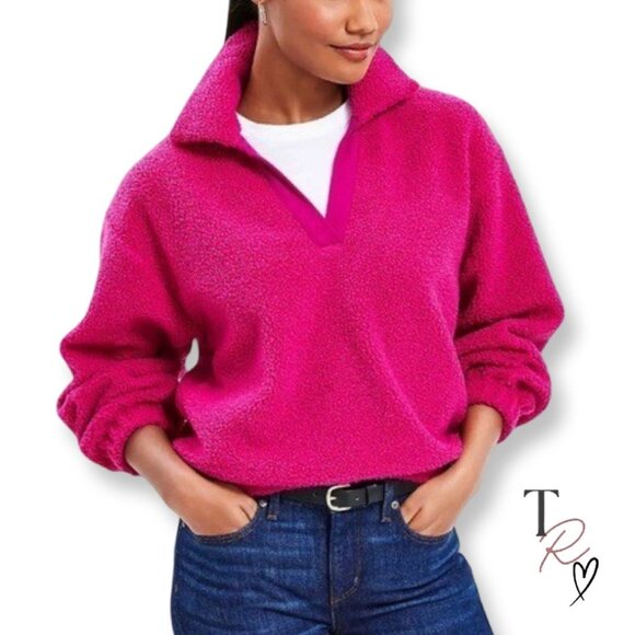 Cozy Collared Sherpa Fleece Pullover in Fuschia Pink Size XL Fall Winter Jacket - Picture 1 of 12
